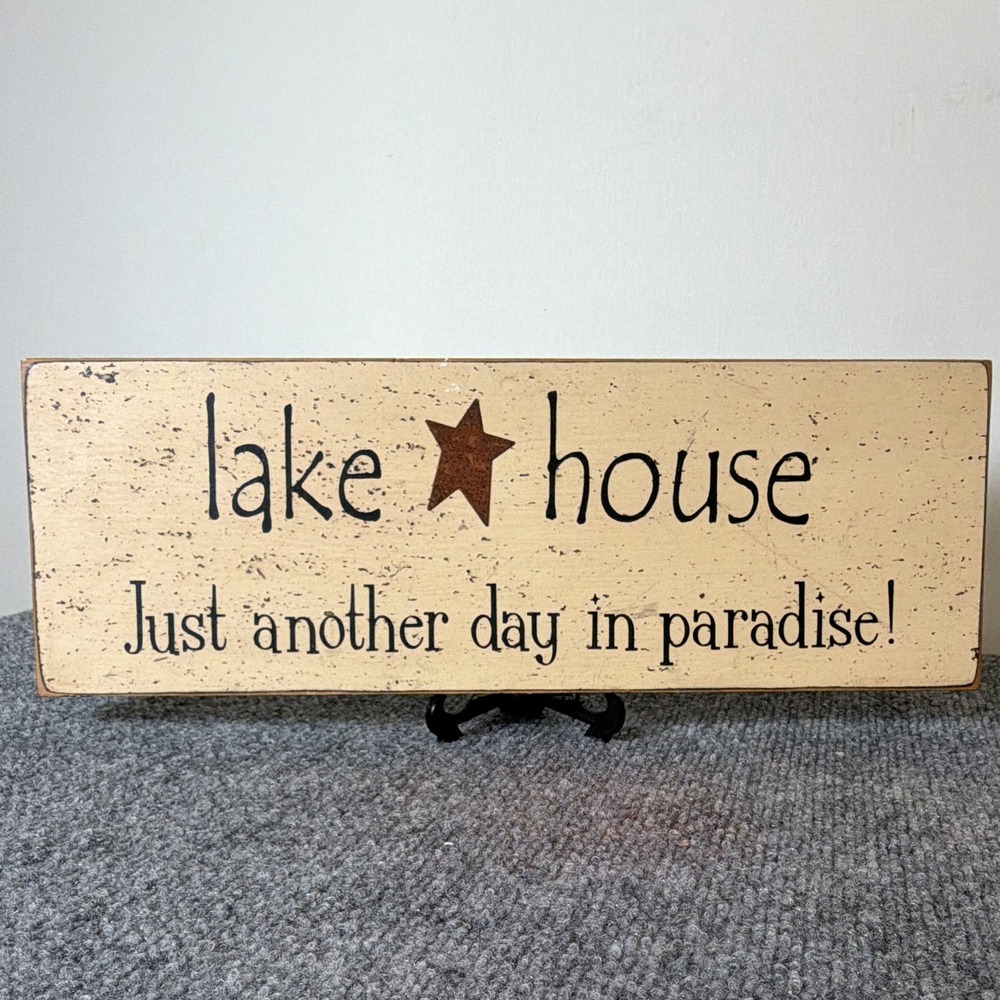 American At Heart Lake House Wood Hanging Sign Distressed Rustic 17x6